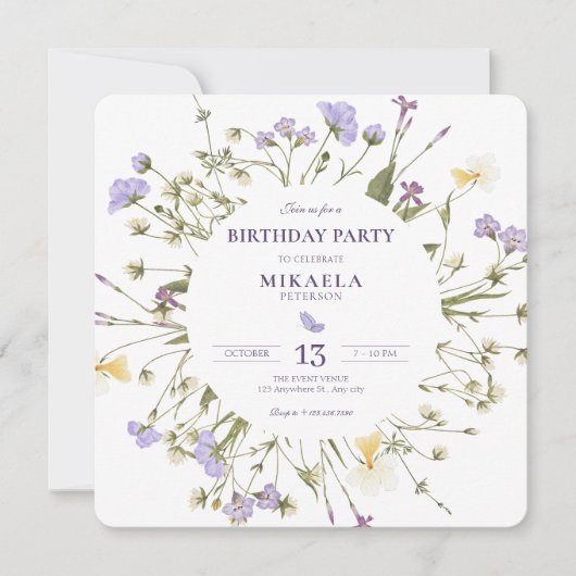 Lila rustikale Wildblumen Einladung (Vorderseite)