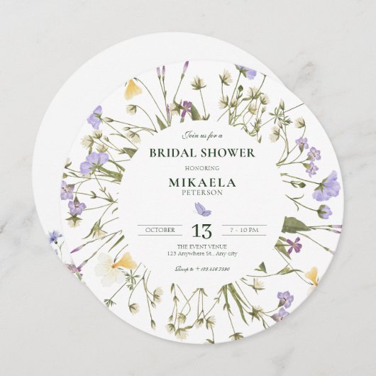 Lila rustikale Wildblumen Einladung (Vorne/Hinten)