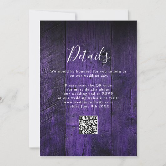 Lila Rustikaler Boho Barn Wood Wedding QR Code Einladung (Rückseite)