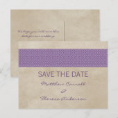 Lila rustikaler Damast Save the Date Postkarte (Vorne/Hinten)