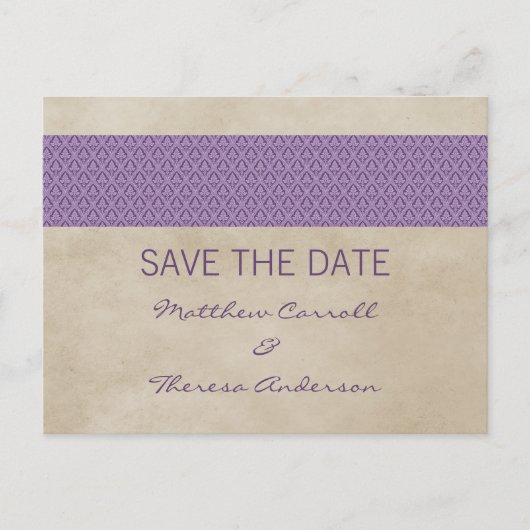 Lila rustikaler Damast Save the Date Postkarte (Vorderseite)
