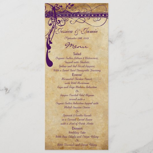 Lila rustikaler Hinterhof oder mittelalterliche Re Menükarte (Vorderseite)