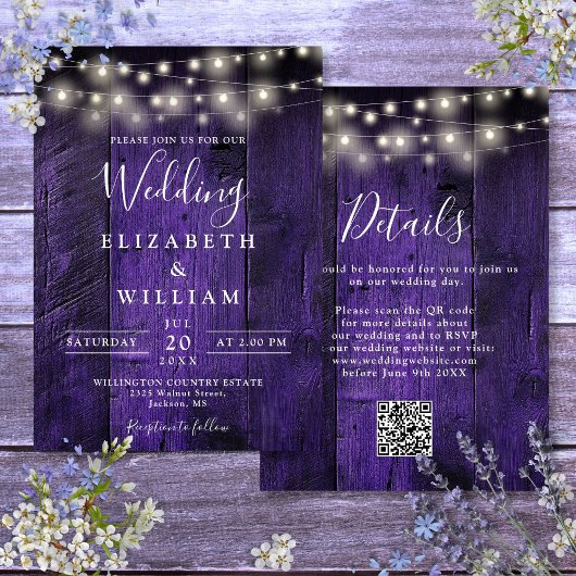Lila rustikaler Holzverspannungs-String-Lights QR- Einladung