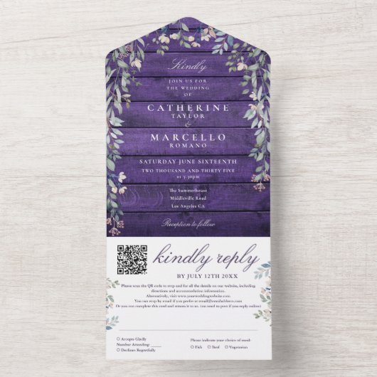 Lila Rustikaler QR-Code für Holzblumen All In One Einladung (Innen Boden)