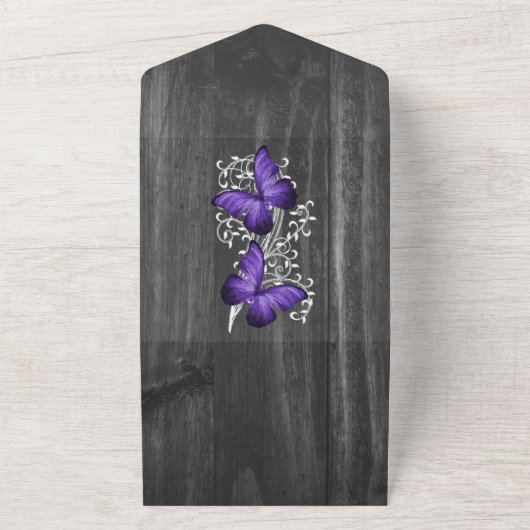 Lila Rustikaler Schmetterling auf einer Hochzeit All In One Einladung (Außenbereich)