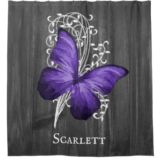 Lila Rustikaler Schmetterling Personalisiert Duschvorhang (Vorderseite)