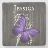 Lila Rustikaler Schmetterling Personalisiert Steinuntersetzer (Vorderseite)