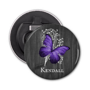Lila rustikaler Schmetterling Personalisierter Fla Flaschenöffner