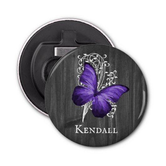 Lila rustikaler Schmetterling Personalisierter Fla Flaschenöffner (Vorderseite)
