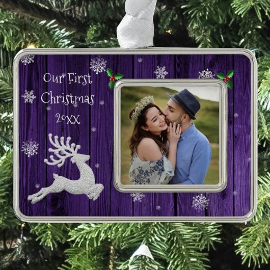 Lila Rustikaler Weihnachtsmann Gerahmt Erster Rahmen-Ornament Silber