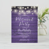 Lila Rustikales Party für Holzstring-Leuchten Einladung (Stehend Vorderseite)