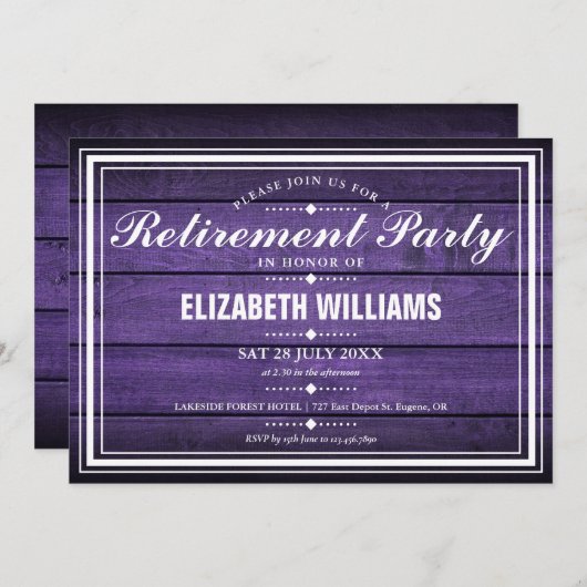 Lila Rustikales Party zur Erhaltung des Holzbestan Einladung (Vorne/Hinten)