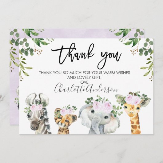 Lila Safari Animals Kinderdusche Danke Karte (Vorne/Hinten)