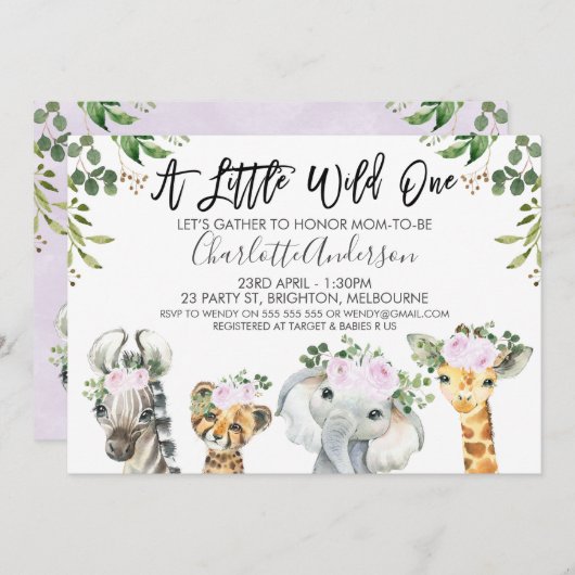 Lila Safari Animals Kinderdusche Einladung (Vorne/Hinten)