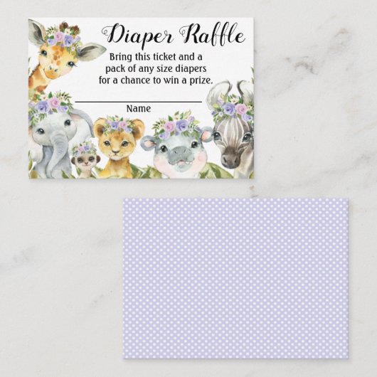 Lila Safari Baby Dusche Windeln Raffle Ticket (Vorne/Hinten)