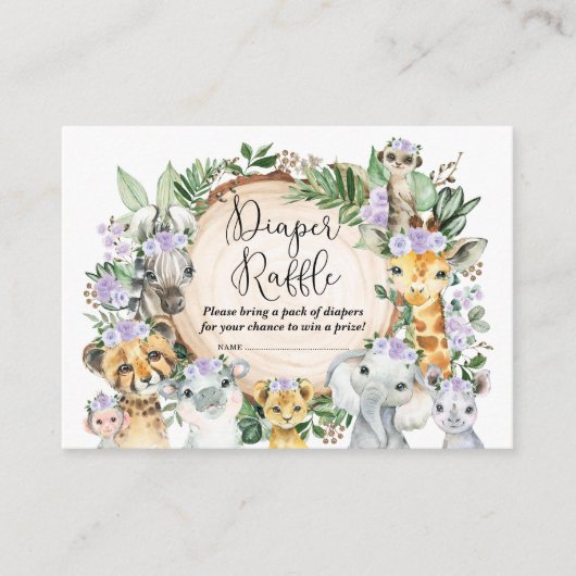 Lila Safari-Tiere Baby-Windeln Raffle Begleitkarte (Vorderseite)