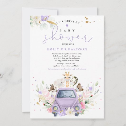 Lila Safari-Tiere mit Babydusche Einladung (Vorderseite)