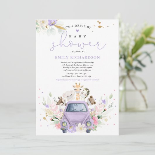 Lila Safari-Tiere mit Babydusche Einladung (Stehend Vorderseite)