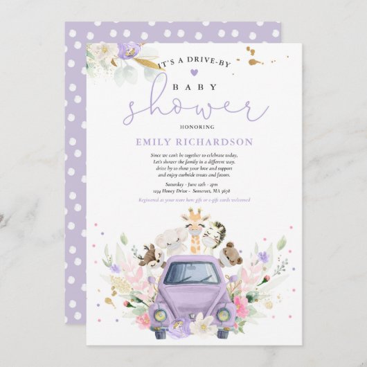 Lila Safari-Tiere mit Babydusche Einladung (Vorne/Hinten)