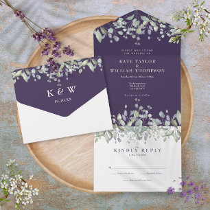 Lila Salbei und Flieder Blumenmonogramm Hochzeit All In One Einladung