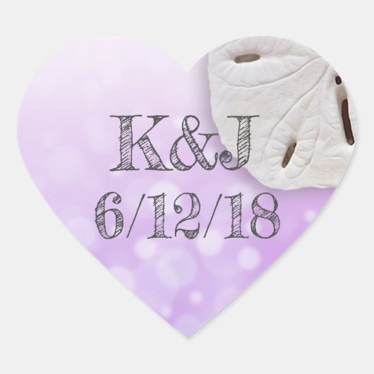 Lila Sand-Dollar-Hochzeitsticker Herz-Aufkleber (Vorderseite)