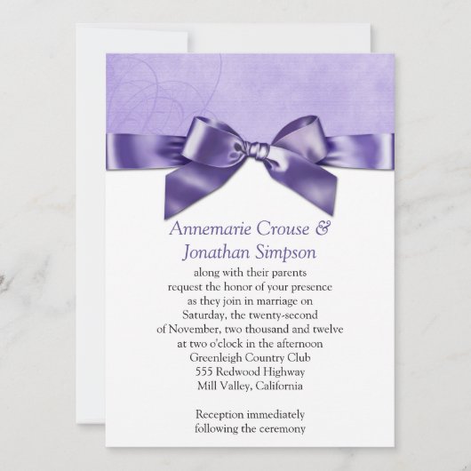 Lila Satin-Band-Hochzeit Einladung (Vorderseite)