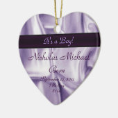 Lila Satin-Geburts-Mitteilungs-Andenken Keramikornament (Links)