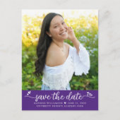 Lila Save the Date Abschluss Foto Einladungspostkarte (Vorderseite)