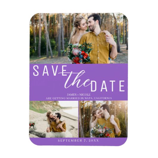 Lila Save the Date Hochzeit 3 Fotos Magnet (Vertikal)