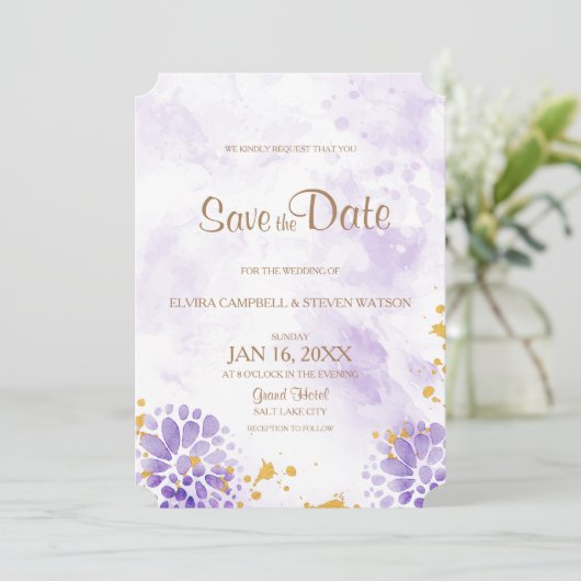 Lila Save the Date-Karte Date (Stehend Vorderseite)
