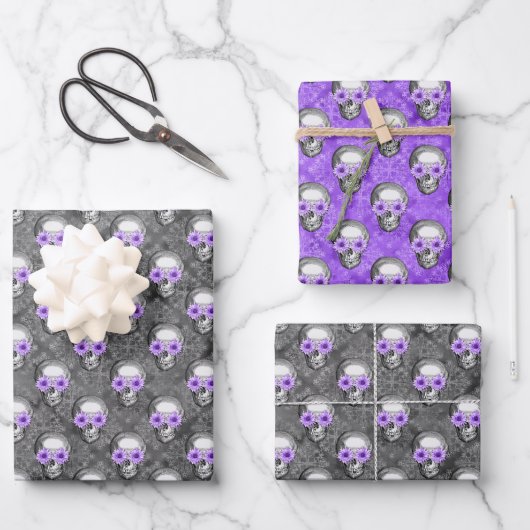 Lila Schädel und Sonnenblumen, Design 3 Geschenkpapier Set (Vorderseite)