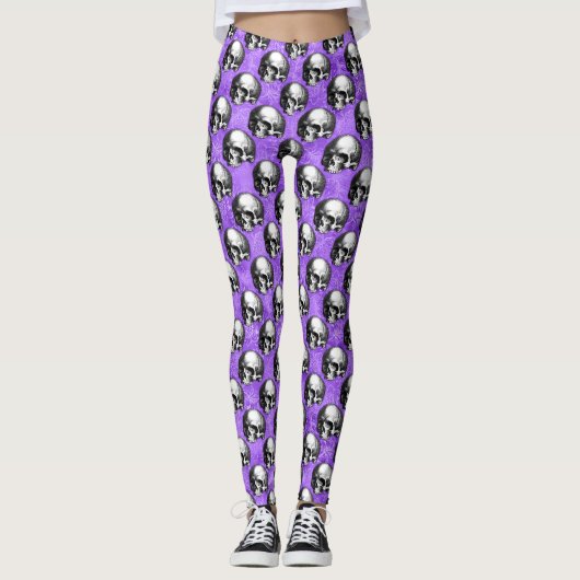 Lila Schädel und Sonnenblumen, Design 6 Leggings (Vorderseite)