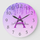Lila Schein-Glitzer-Monogramm-Name u. Initiale Große Wanduhr (Vorderseite)
