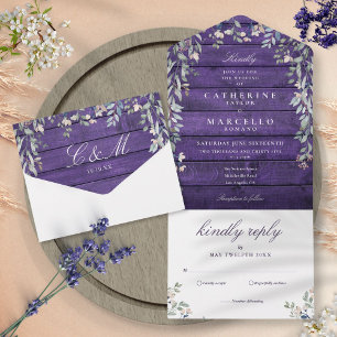 Lila Scheunenholz Blumengrün-Kaskade Hochzeit All In One Einladung