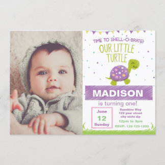 Lila Schildkröte zum Geburtstag Einladung mit Foto