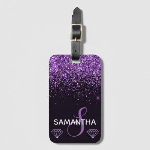 Lila-Schimmer-Glitter & Diamant-Monogramm Gepäckanhänger