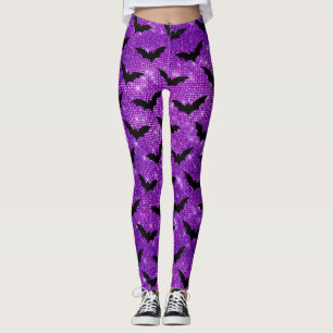 Lila Schimmer Glitter und schwarze Fledermäuse Hal Leggings