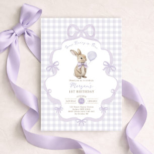 Lila Schleifen-Gingham-Hase Kaninchen 1. Geburtsta Einladung