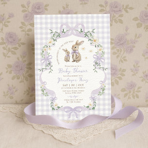 Lila Schleifen-Häschen Gingham Blumen Baby-Party Einladung