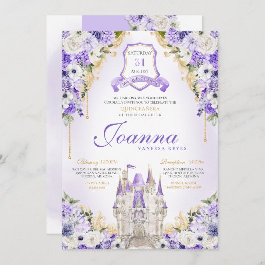 Lila Schloss Königlicher Lavendel Quinceanera Einladung (Vorne/Hinten)