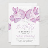 Lila Schmetterling 1. Geburtstag Einladung Baby Gi (Vorne/Hinten)