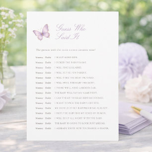 Lila Schmetterling-Baby-Shower-Ratspiel-Karte Einladung
