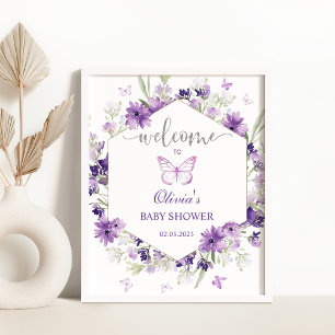Lila Schmetterling Babydusche Begrüßungszeichen Poster