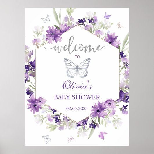 Lila Schmetterling Babydusche Poster (Vorne)