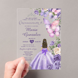 Lila Schmetterling Blumenrincess Kleid Quinceañera Acryleinladungen