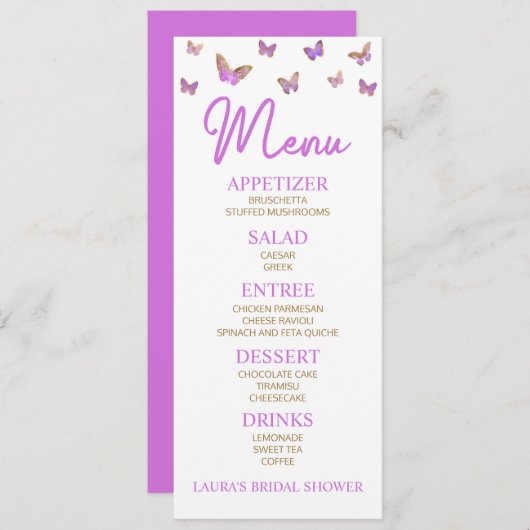 Lila Schmetterling Brautparty Food Menükarte (Vorne/Hinten)