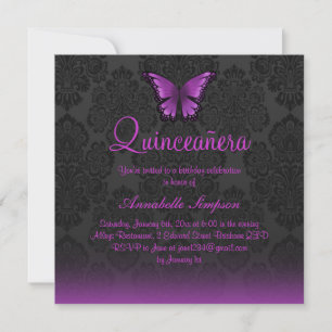 Lila Schmetterling & Damask Quinceanera Einladung
