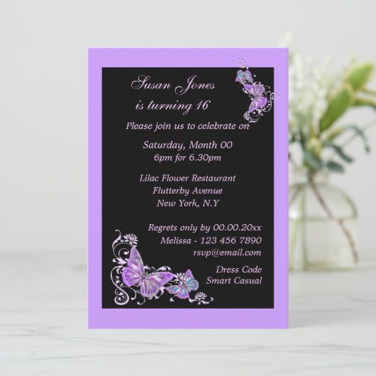 Lila Schmetterling Einladung (Stehend Vorderseite)