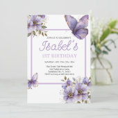 Lila Schmetterling, erster Geburtstag, Blume Einla Einladung (Stehend Vorderseite)
