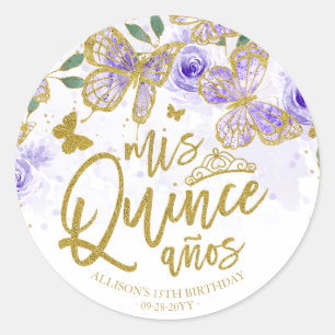 Lila Schmetterling Floral Quinceanera-Party Runder Aufkleber